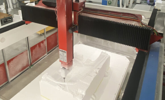 Large-scale polystyrene model machining operation with Belotti FLA 5032 5-axis machining center