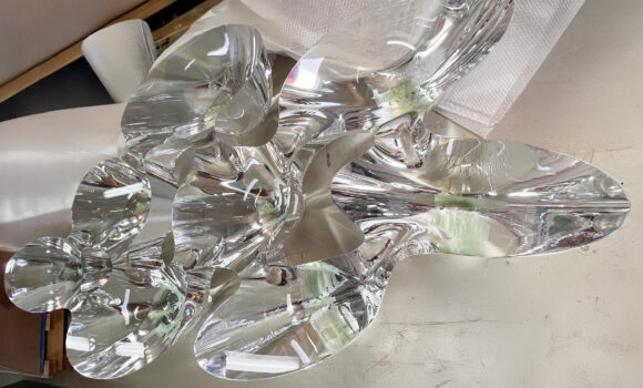 Carved plexiglas coffee table machined with Belotti FLA CNC center