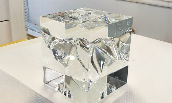 Custom-made plexiglas cube machined with Belotti FLA CNC center