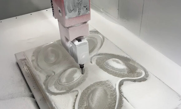 Plexiglas coffee table milling operation on Belotti FLA 5-axis CNC center